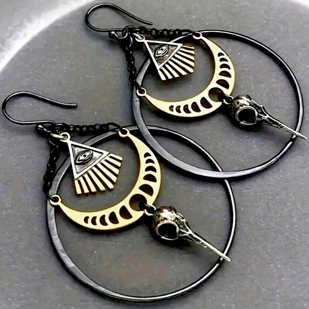 SALE Celestial Mixed Metals Abstract Moon and Skull Earrings